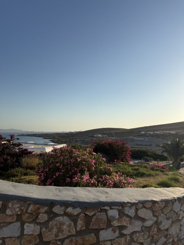 Sea and bay view beyond a stone wall at Paros Agnanti Resort