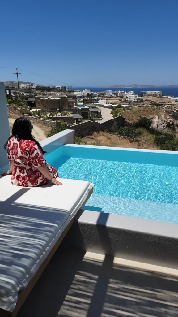 Private pool at Nomia Sunset Suites in Mykonos overlooking the Aegean Sea and Cycladic landscape